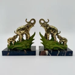 Serre-livres Art Déco éléphants laiton et marbre