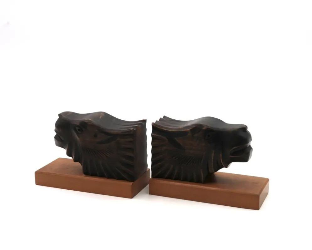 Serre-livres Art Deco en bois têtes de félins