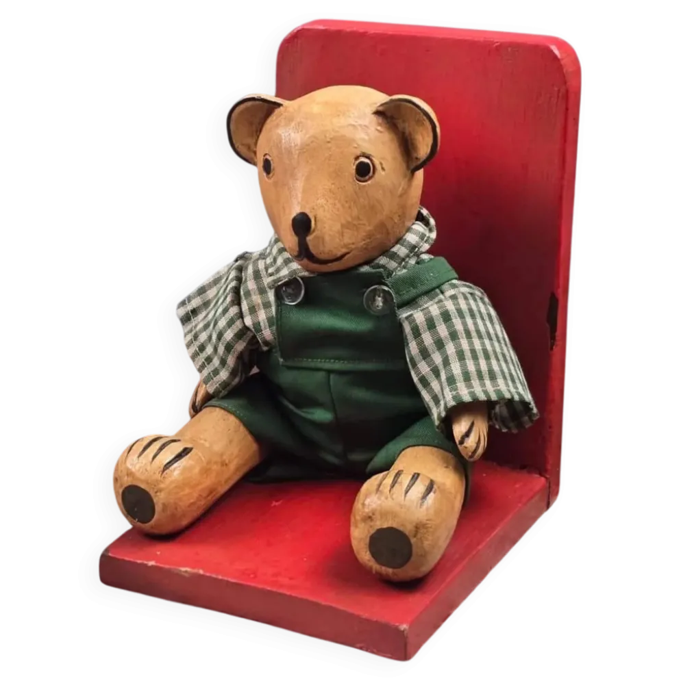 Serre-livres ourson vintage en bois peint – Déco enfant rétro