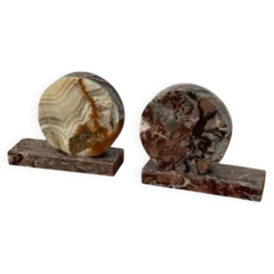 Serre-livres vintage en agate et marbre | Paire d'accessoires de bureau en pierre polie