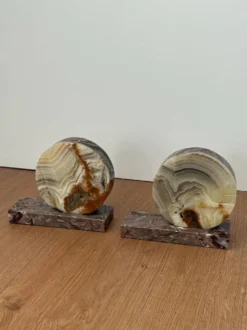 Serre-livres vintage en agate et marbre | Paire d'accessoires de bureau en pierre polie