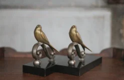 Serre-livres vintage, oiseau laiton socle marbre noir, animaux laiton