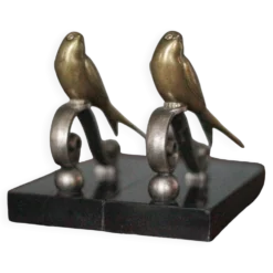 Serre-livres vintage, oiseau laiton socle marbre noir, animaux laiton