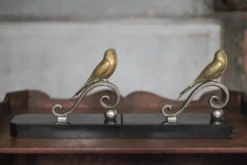 Serre-livres vintage, oiseau laiton socle marbre noir, animaux laiton