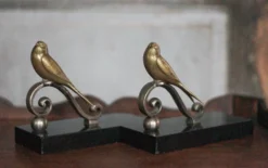 Serre-livres vintage, oiseau laiton socle marbre noir, animaux laiton