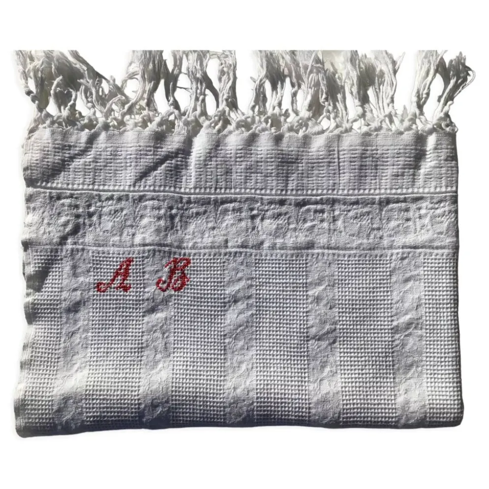 Serviette monogramme AB nid d’abeille coton frangé ancien