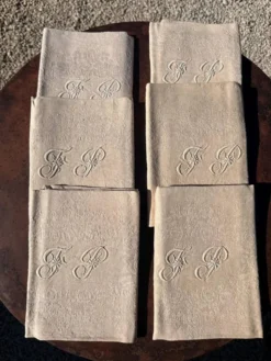 Serviettes de Table Anciennes en Métis Damassé –Lot de 6 - Monogrammées FP
