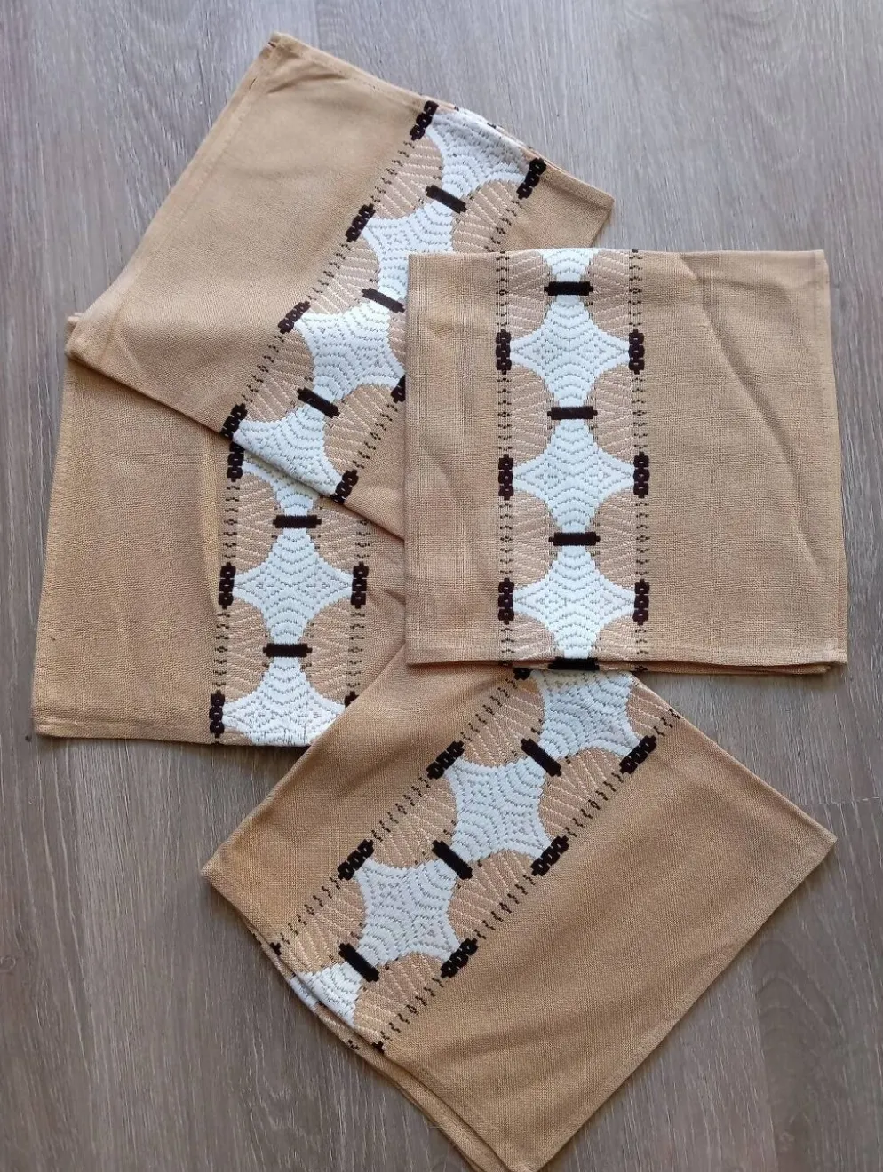 5 serviettes de table 49x49 cm beige à motif géométrique, vintage