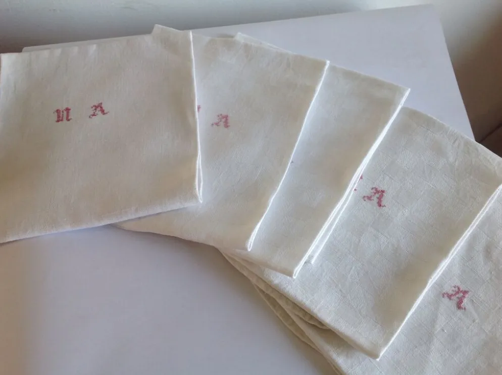5 serviettes en coton dammasè monogrammees NA