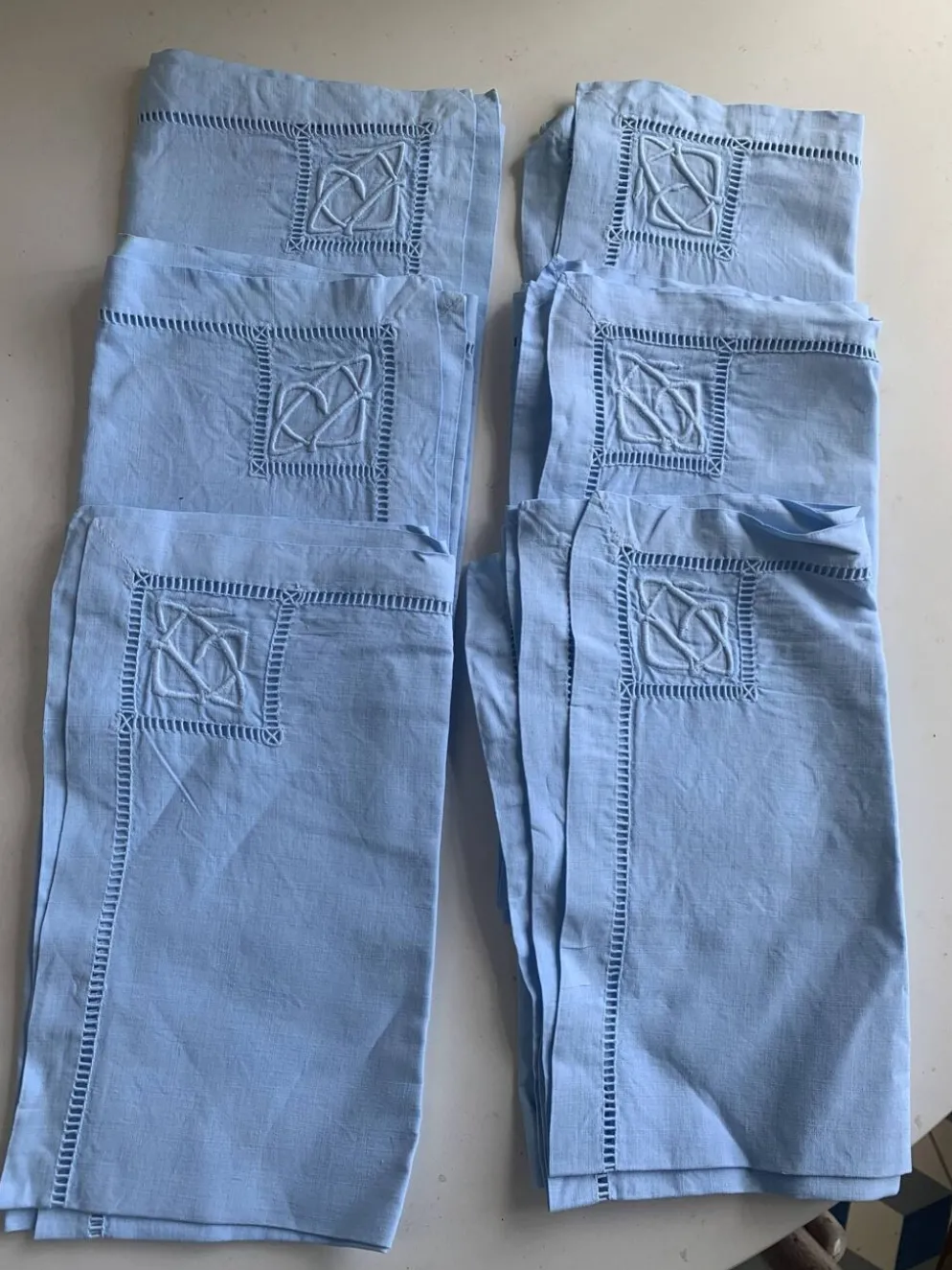 6 serviettes en coton et lin bleu pastel, monogrammées OG