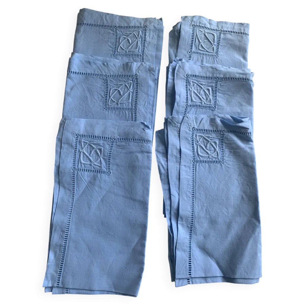 6 serviettes en coton et lin bleu pastel, monogrammées OG