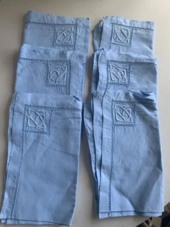 6 serviettes en coton et lin bleu pastel, monogrammées OG