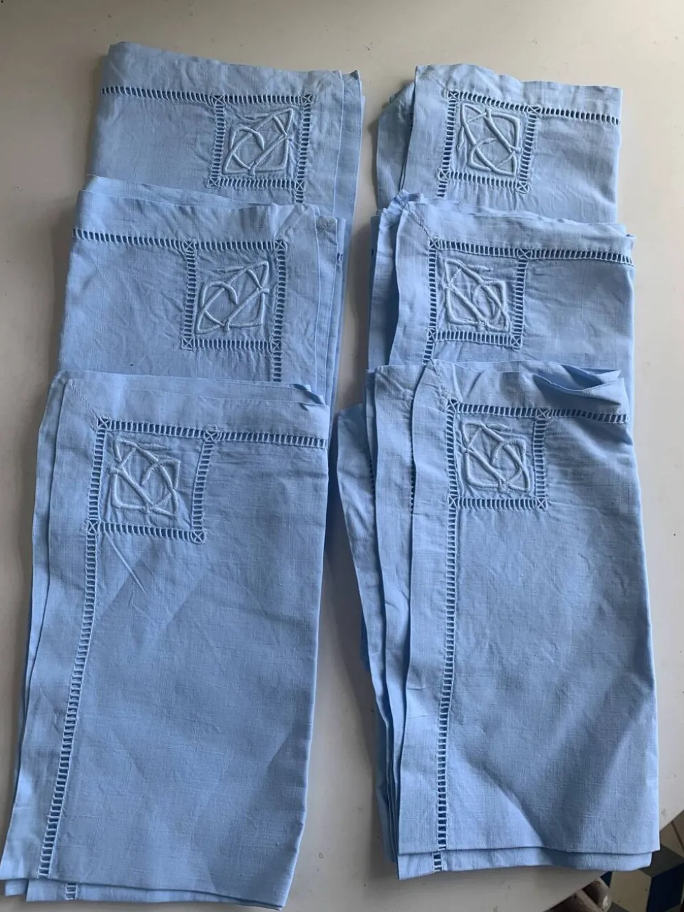 6 serviettes en coton et lin bleu pastel, monogrammées OG
