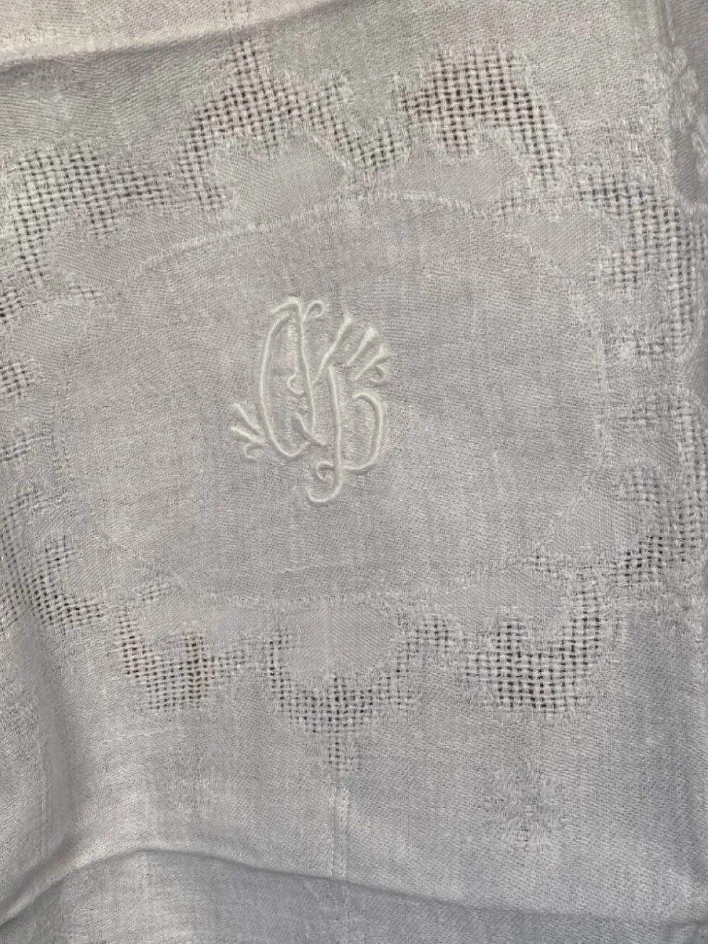 Serviettes monogramme lin damassé bordure ajouré linge ancien