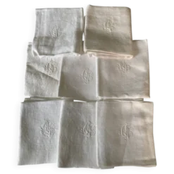 Serviettes monogramme lin damassé bordure ajouré linge ancien