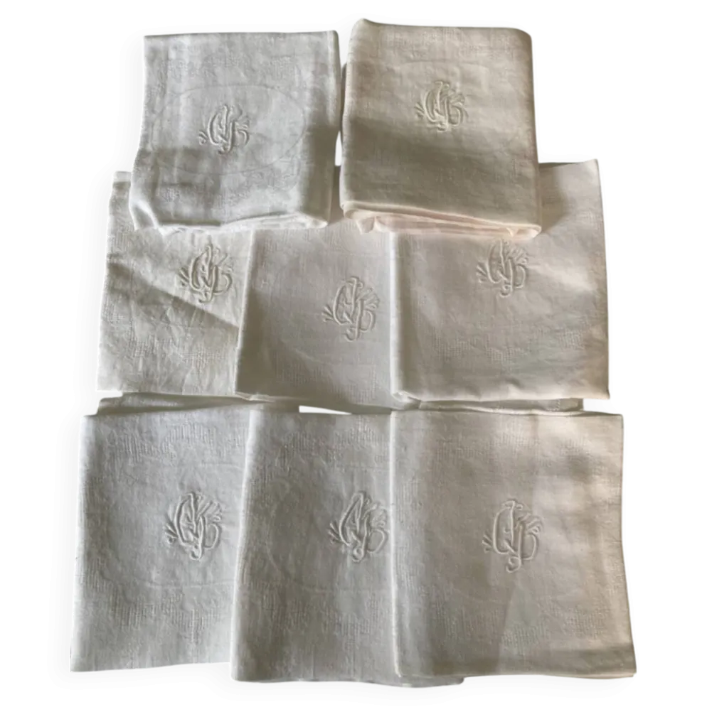 Serviettes monogramme lin damassé bordure ajouré linge ancien