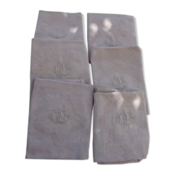 6 serviettes rectangulaires, en coton damassées, teinte Lilas et monogrammées OG, art deco