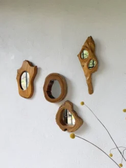 Set de 4 miroirs organiques brutalistes en bois années 50