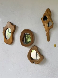 Set de 4 miroirs organiques brutalistes en bois années 50
