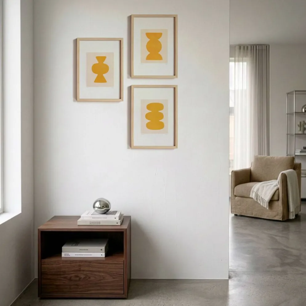 Set de 3 peintures abstraites jaune signée Eawy