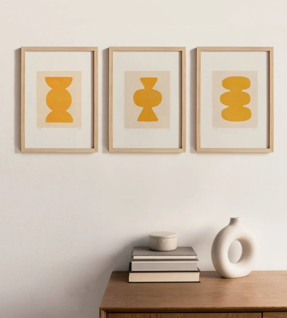 Set de 3 peintures abstraites jaune signée Eawy