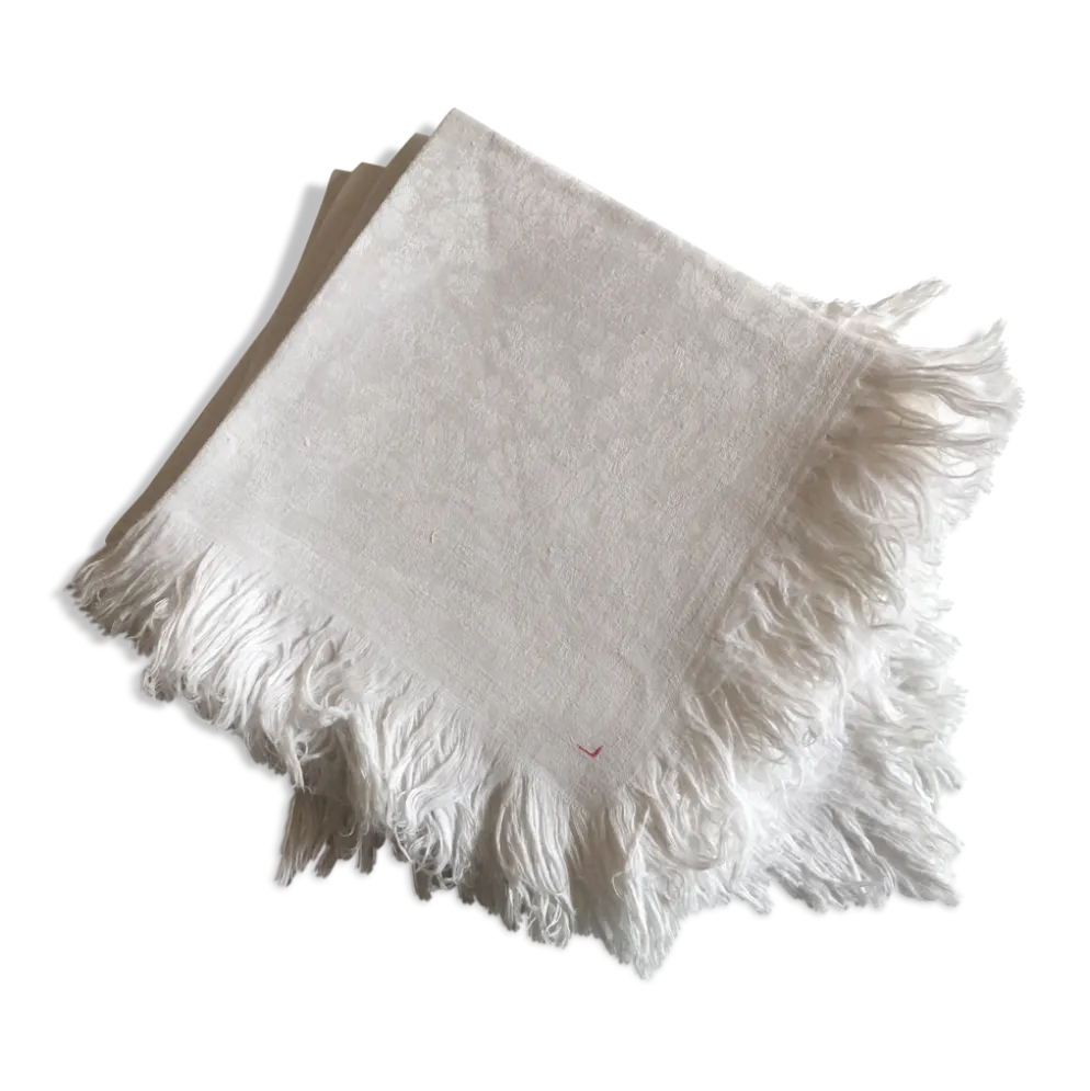 Set de 8 serviettes de damas de lin frangé fin 19e