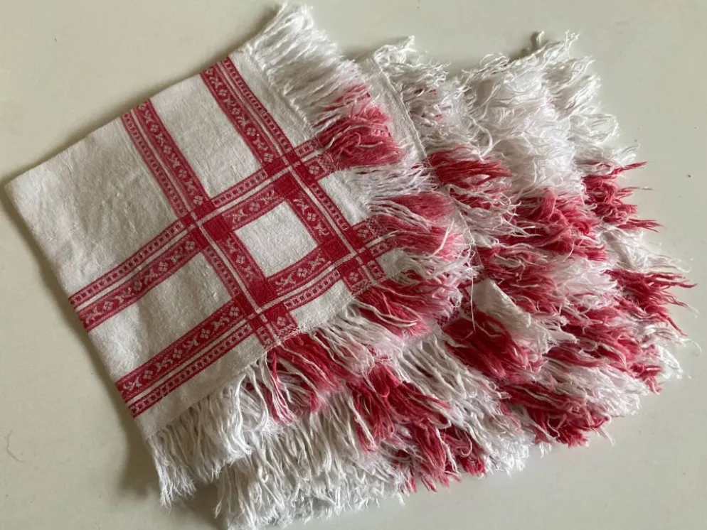 Set de 6 serviettes en damas de lin frangé 19e