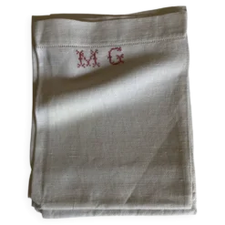 Set de 6 serviettes en lin caviar 1930 brodées MG rouge 65 x 85