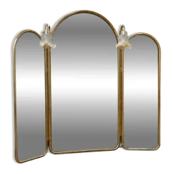 Specchiera vintage a trittico in ottone con applique