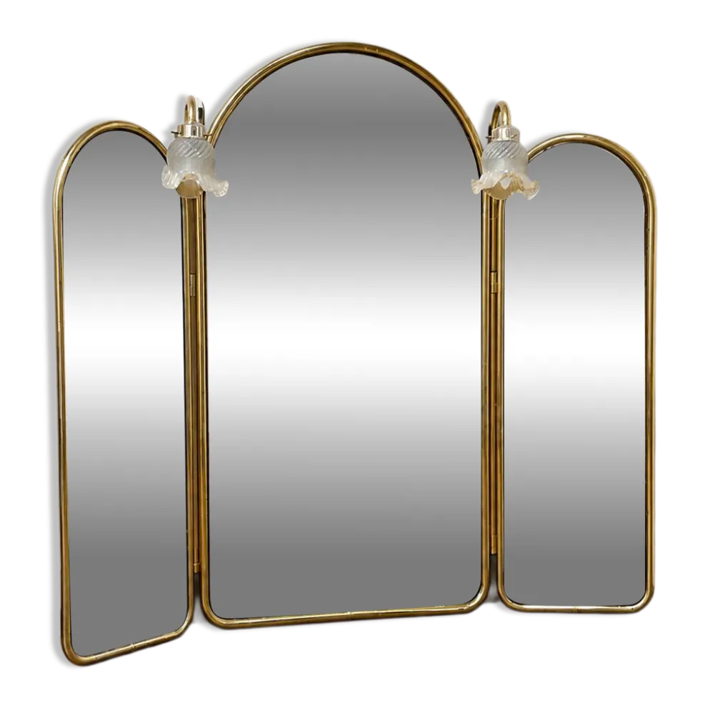 Specchiera vintage a trittico in ottone con applique