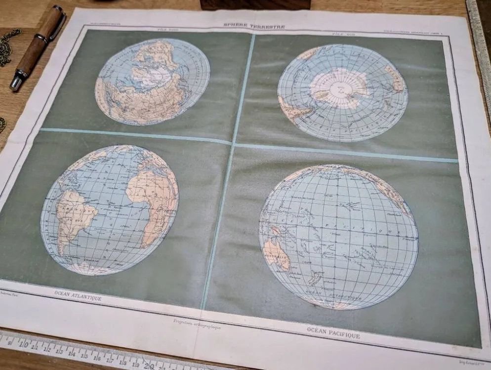 Sphère Terrestre, carte originale imprimée en 1907.