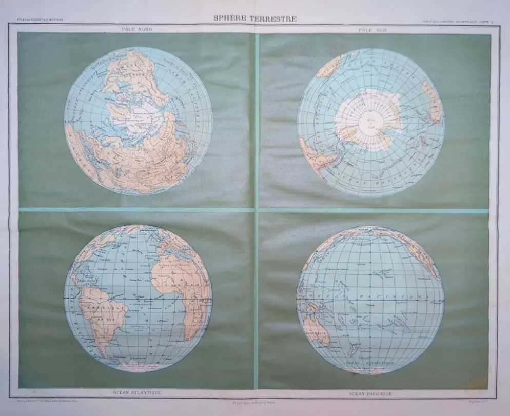 Sphère Terrestre, carte originale imprimée en 1907.