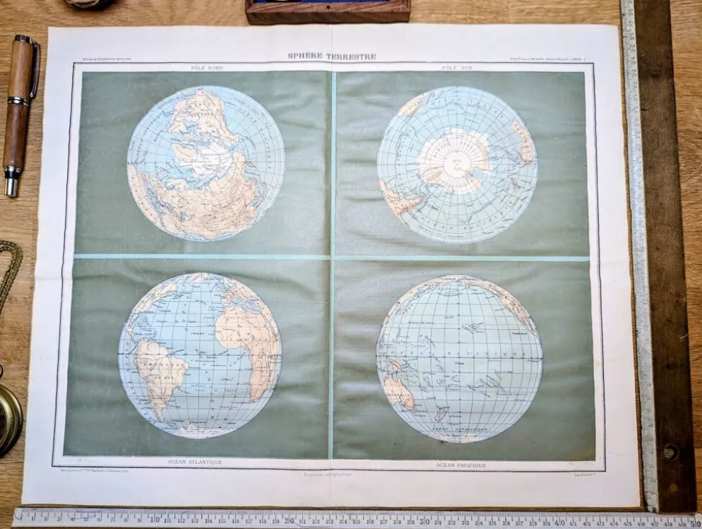 Sphère Terrestre, carte originale imprimée en 1907.