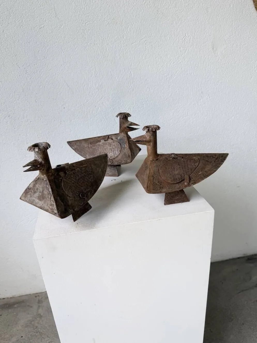 Série de trois bougeoirs oiseaux brutalistes Folk Art