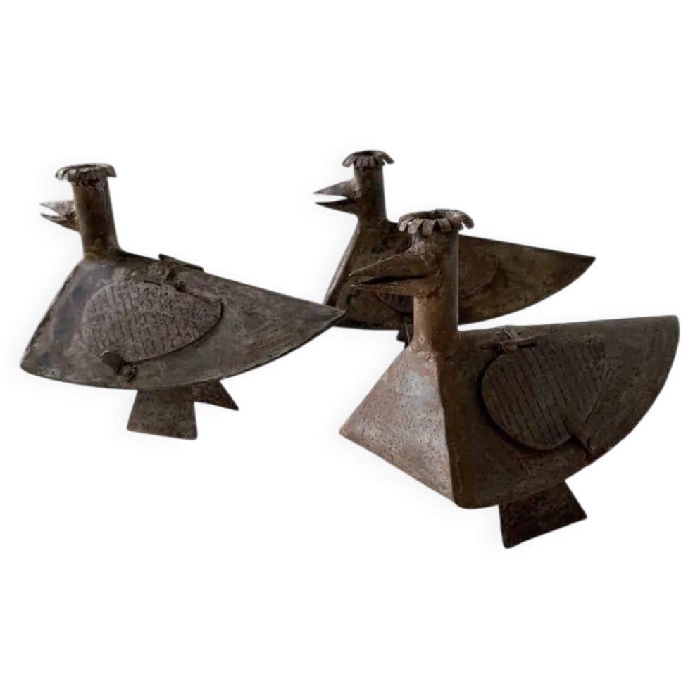 Série de trois bougeoirs oiseaux brutalistes Folk Art