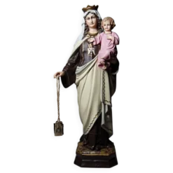 Statuette stuc ND du Mont Carmel, ateliers Olot, yeux en verre, 1920-1930