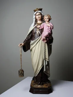 Statuette stuc ND du Mont Carmel, ateliers Olot, yeux en verre, 1920-1930