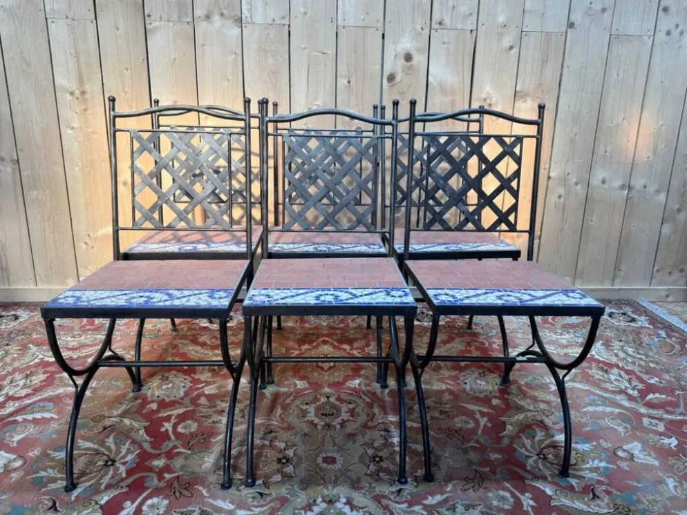 Suite de 6 chaises de jardin – Style méditerranéen années 1980 – Fer forgé