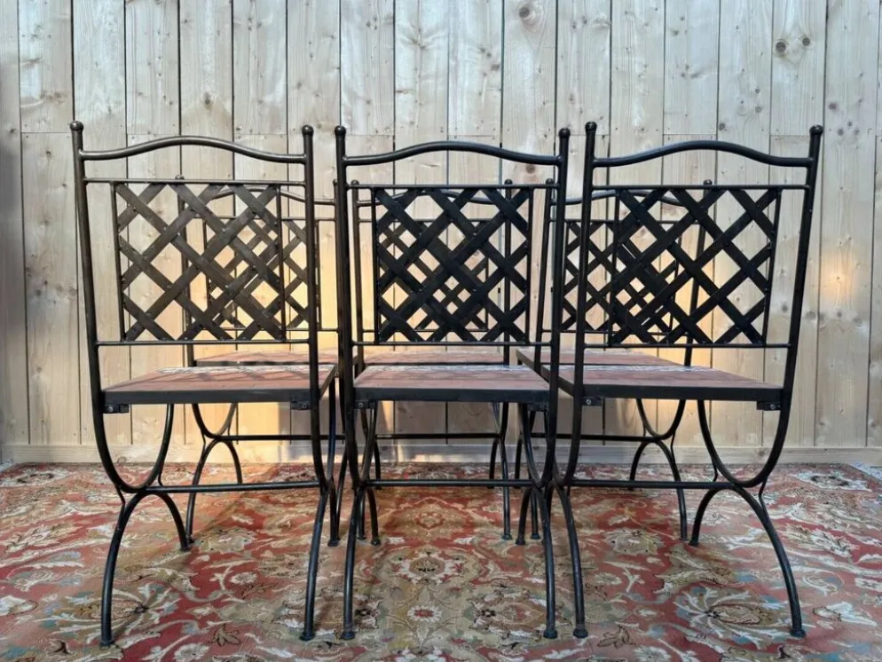 Suite de 6 chaises de jardin – Style méditerranéen années 1980 – Fer forgé