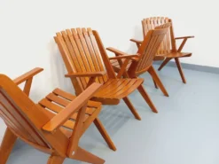 Suite de 4 fauteuils de jardin vintage en bois de hêtre des années 60