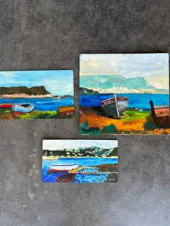 Suite de 3 huiles sur panneaux - paysages marins