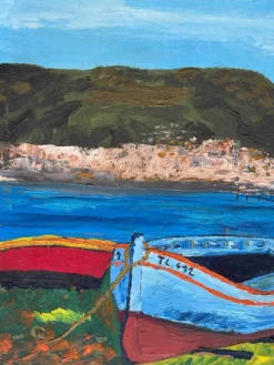 Suite de 3 huiles sur panneaux - paysages marins
