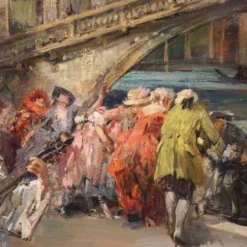 Superbe peinture du 20e siècle par C. Mannucci, Carnaval sur le pont du Rialto.