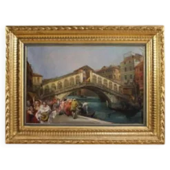 Superbe peinture du 20e siècle par C. Mannucci, Carnaval sur le pont du Rialto.