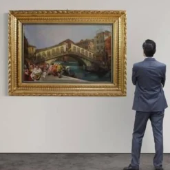 Superbe peinture du 20e siècle par C. Mannucci, Carnaval sur le pont du Rialto.