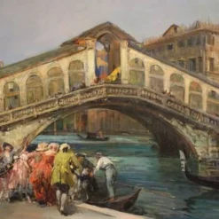 Superbe peinture du 20e siècle par C. Mannucci, Carnaval sur le pont du Rialto.