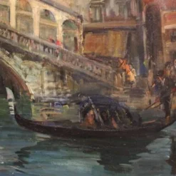Superbe peinture du 20e siècle par C. Mannucci, Carnaval sur le pont du Rialto.