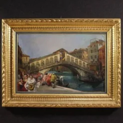 Superbe peinture du 20e siècle par C. Mannucci, Carnaval sur le pont du Rialto.