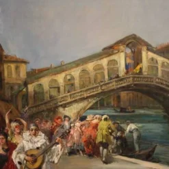 Superbe peinture du 20e siècle par C. Mannucci, Carnaval sur le pont du Rialto.