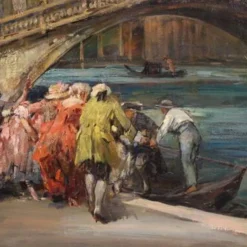 Superbe peinture du 20e siècle par C. Mannucci, Carnaval sur le pont du Rialto.